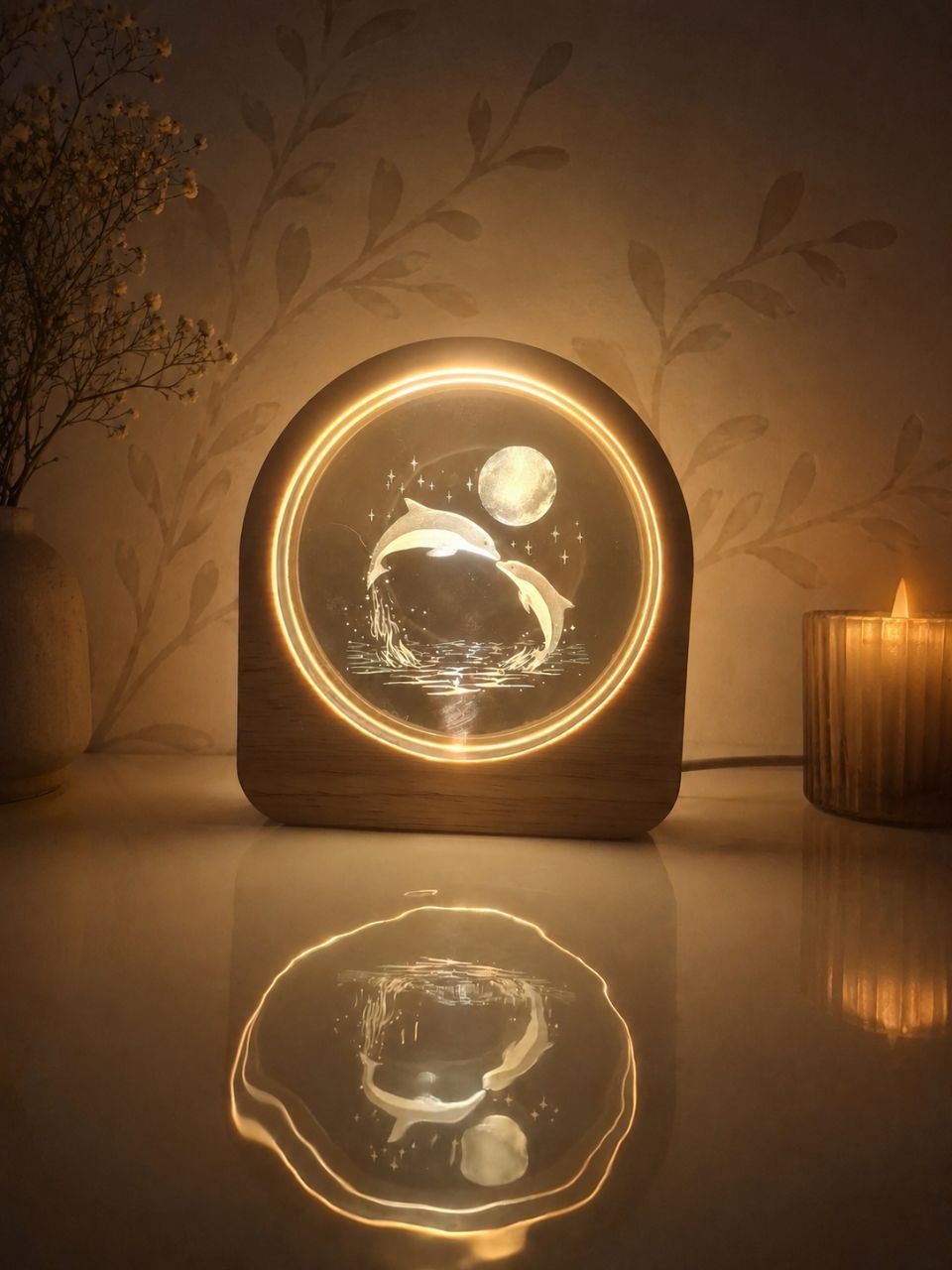 چراغ خواب سه بعدی پایه چوبی