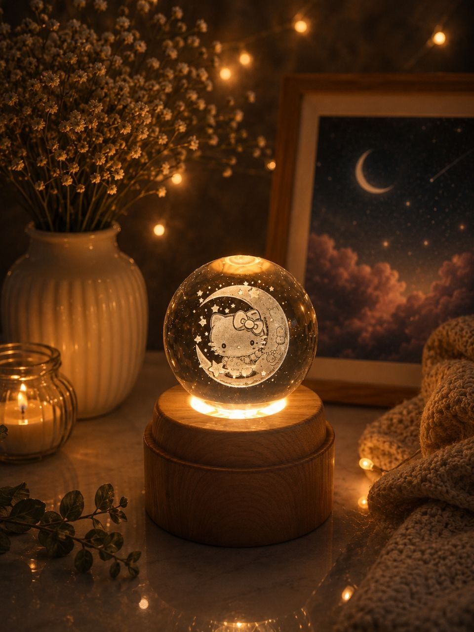 گوی چرخان چراغ خواب شیشه ای فانتزی با پایه ی چوبی
